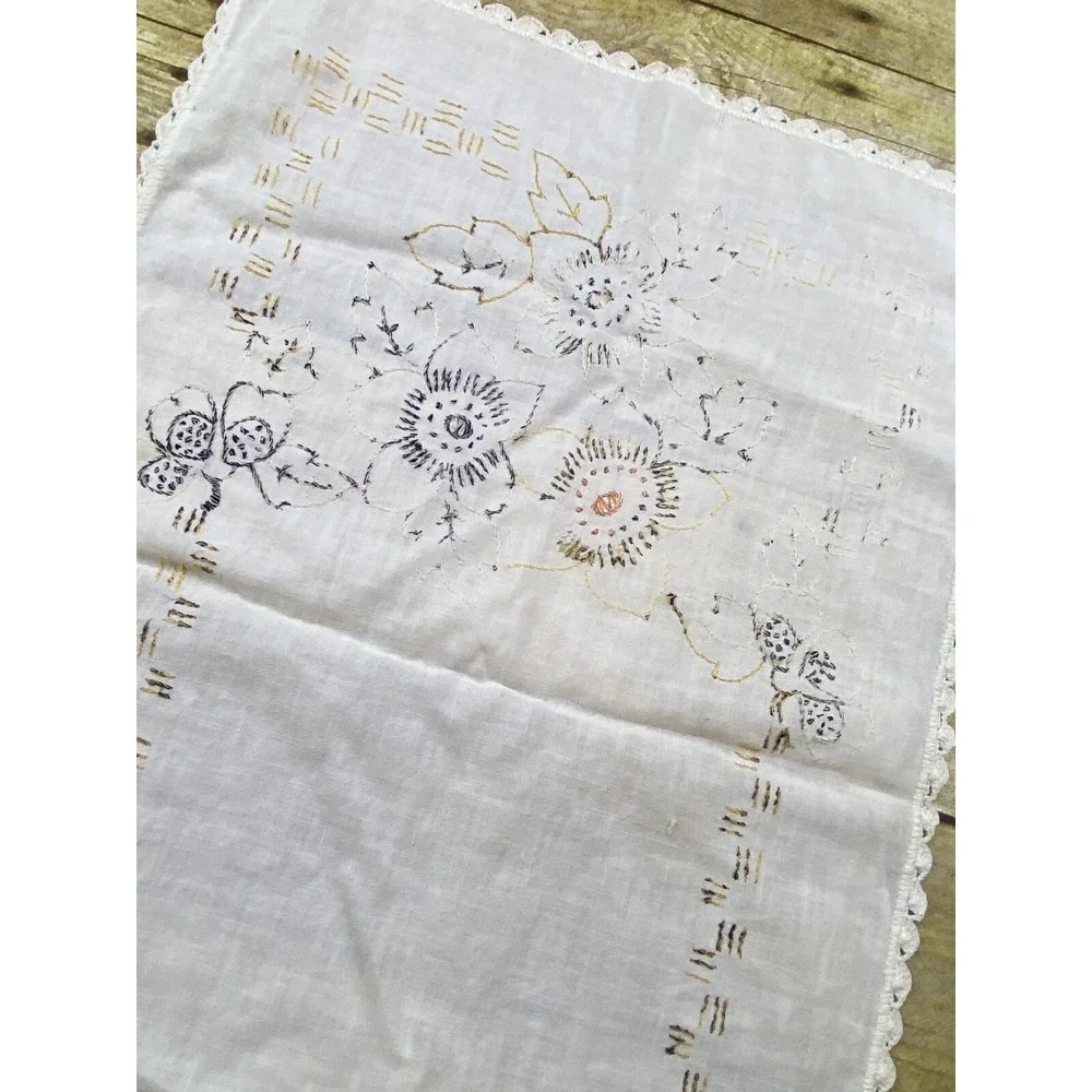 Hand Stitch Table Runner Flower Yellow Brown‎ Floral 40x30